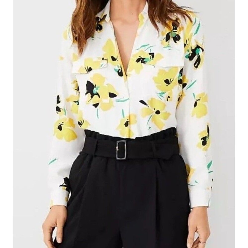 Ann Taylor Medium Blouse White Yellow Floral Popover Office Career Long Sleeve